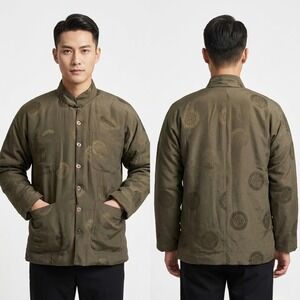 Swan Brand Men Muted Olive Green Quilted Down Jacket Chinese Tang Suit Small VTG